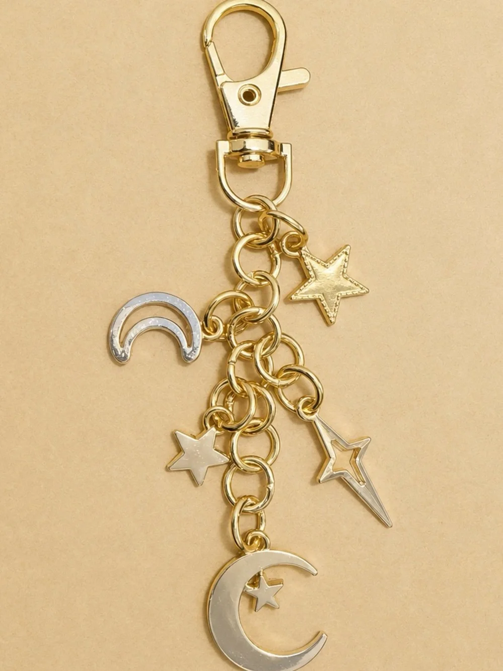 Gold Moon & Star Charm Keychain Key Holder